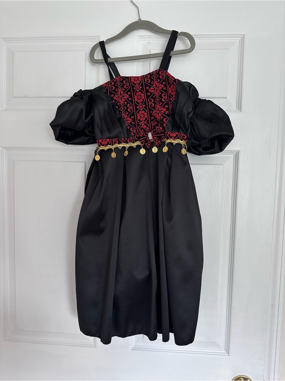 Girls' Black Dress with Red Embroidered Bodice and Gold Accent tatreez